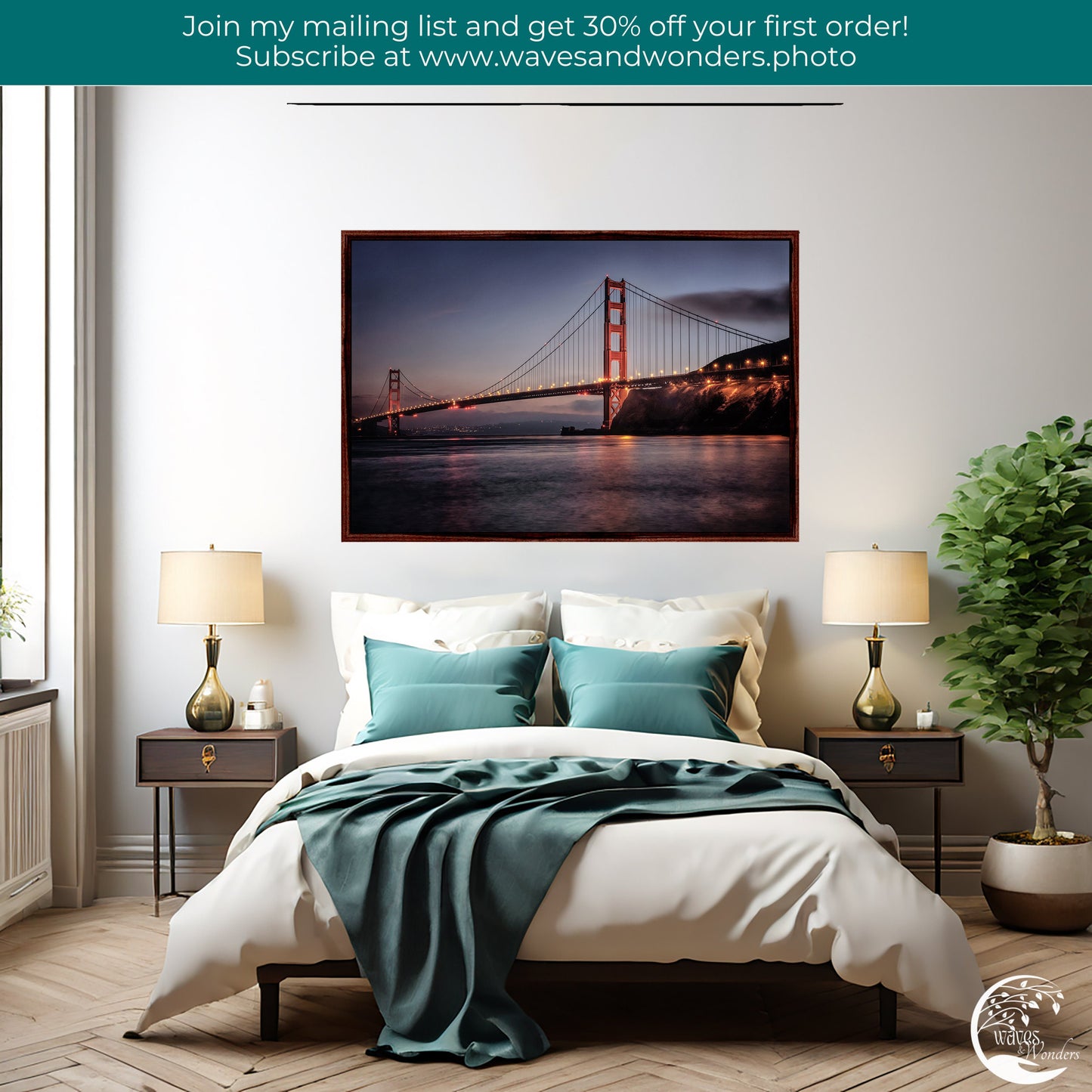 a bedroom with a picture of the golden gate bridge