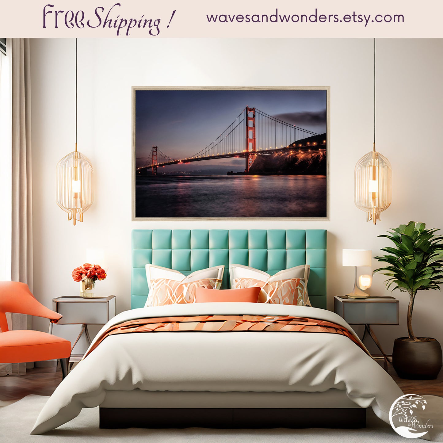 a bedroom with a picture of the golden gate bridge