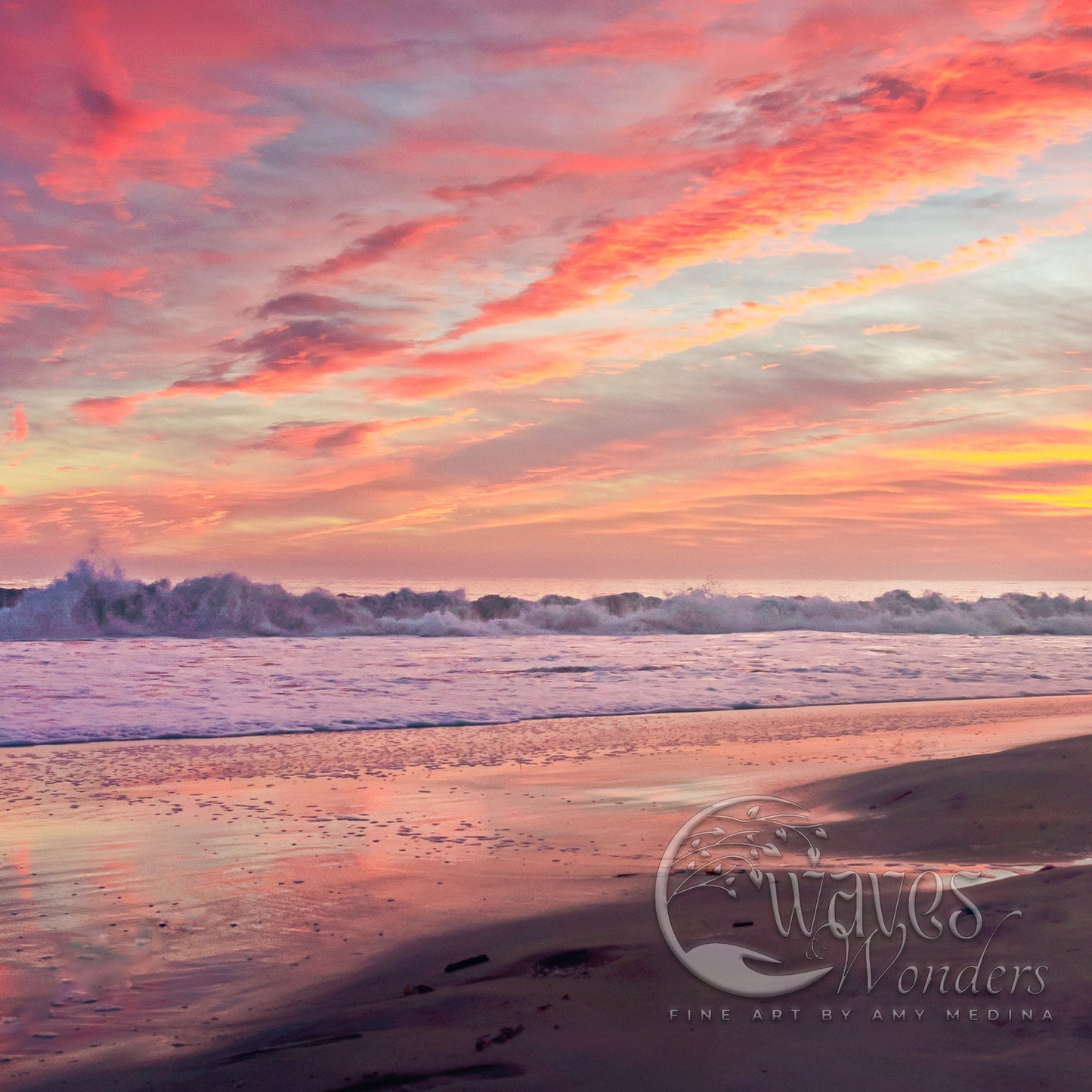 a beautiful sunset at the beach with a wave coming in