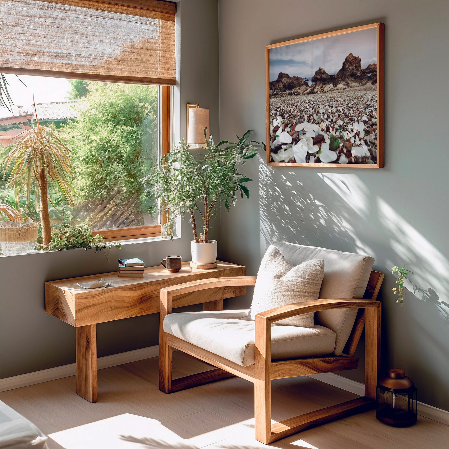 a living room with a chair and a table