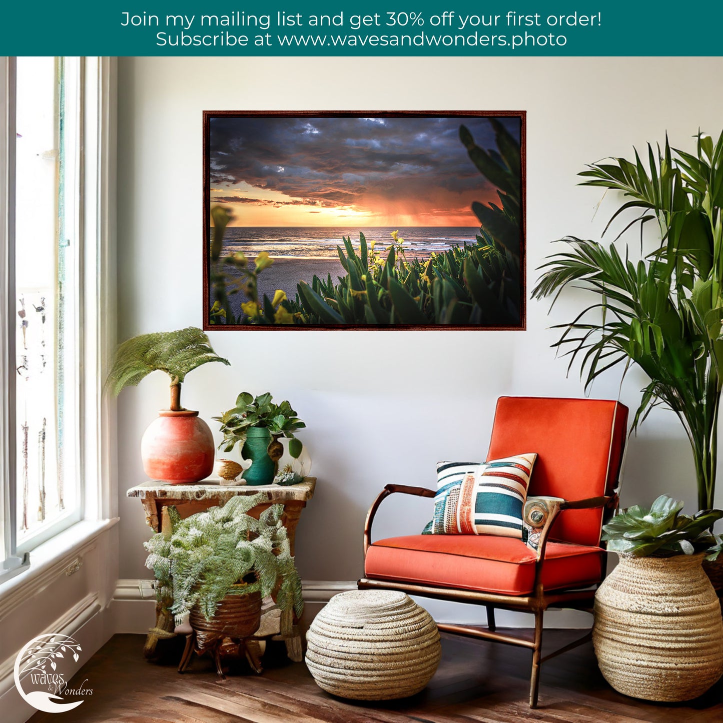 a living room with a chair, potted plants and a painting on the wall