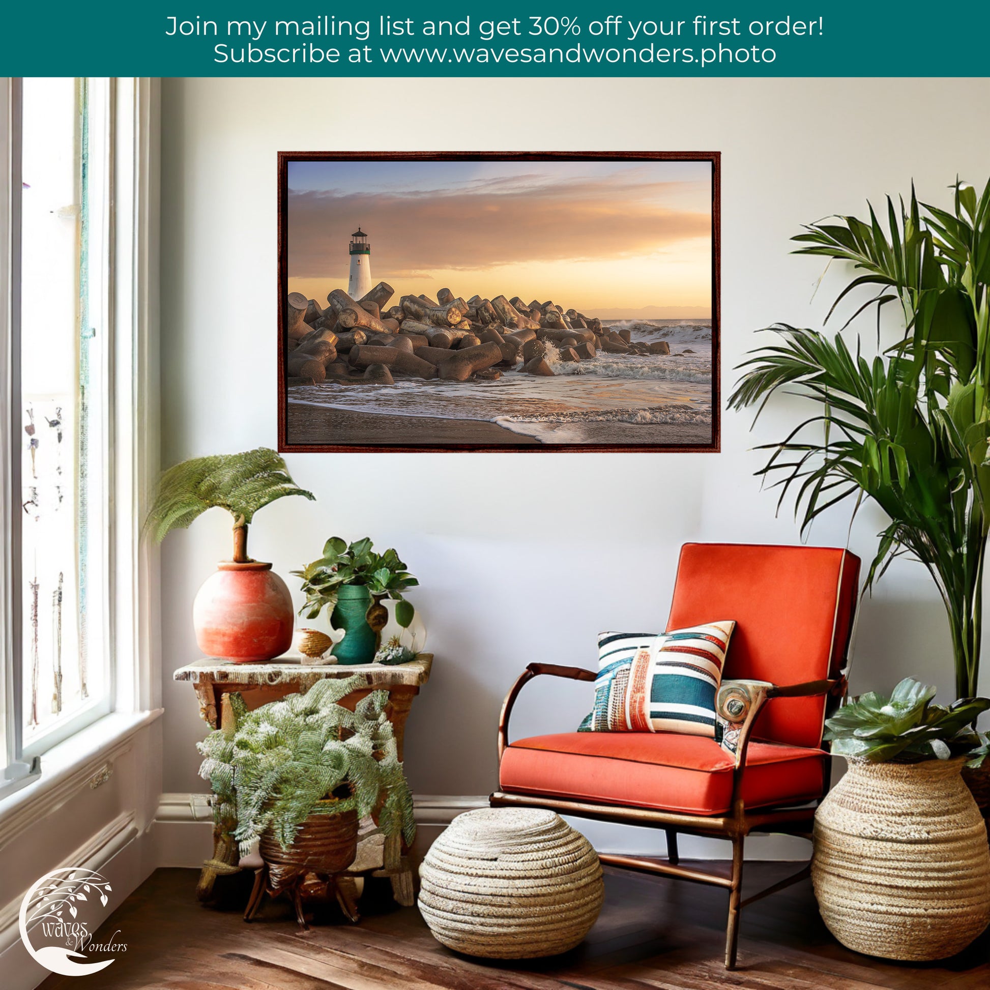 a room with a chair, potted plants and a painting on the wall