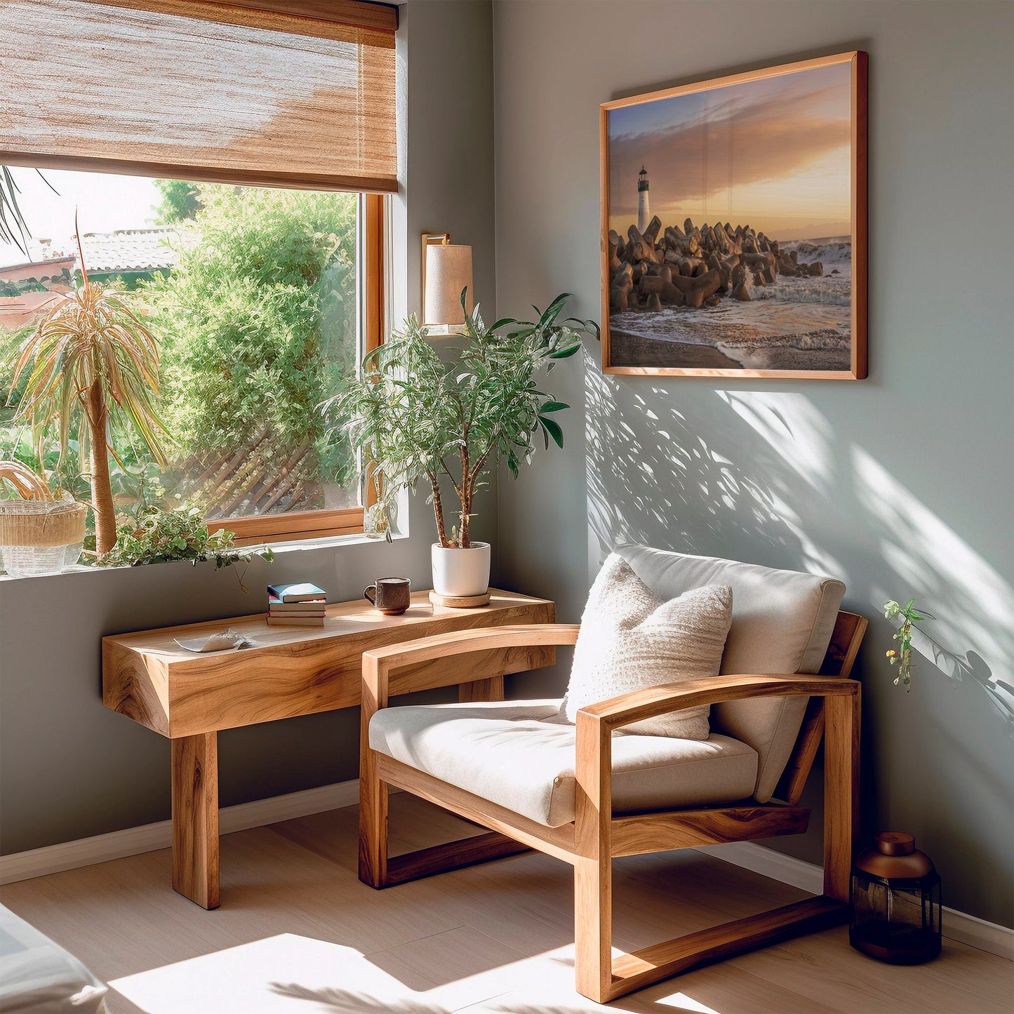 a living room with a chair and a painting on the wall