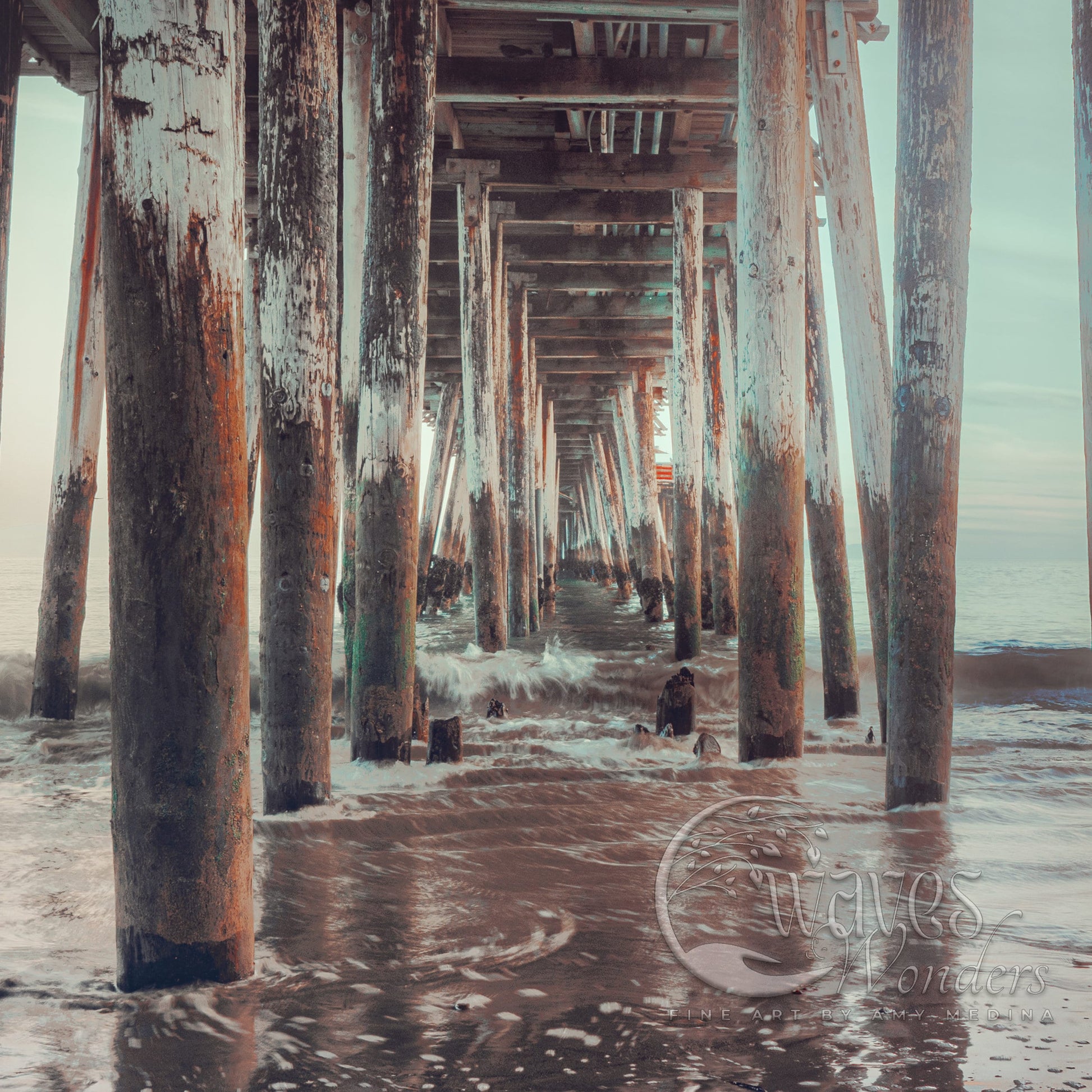 a person is standing under a pier by the water