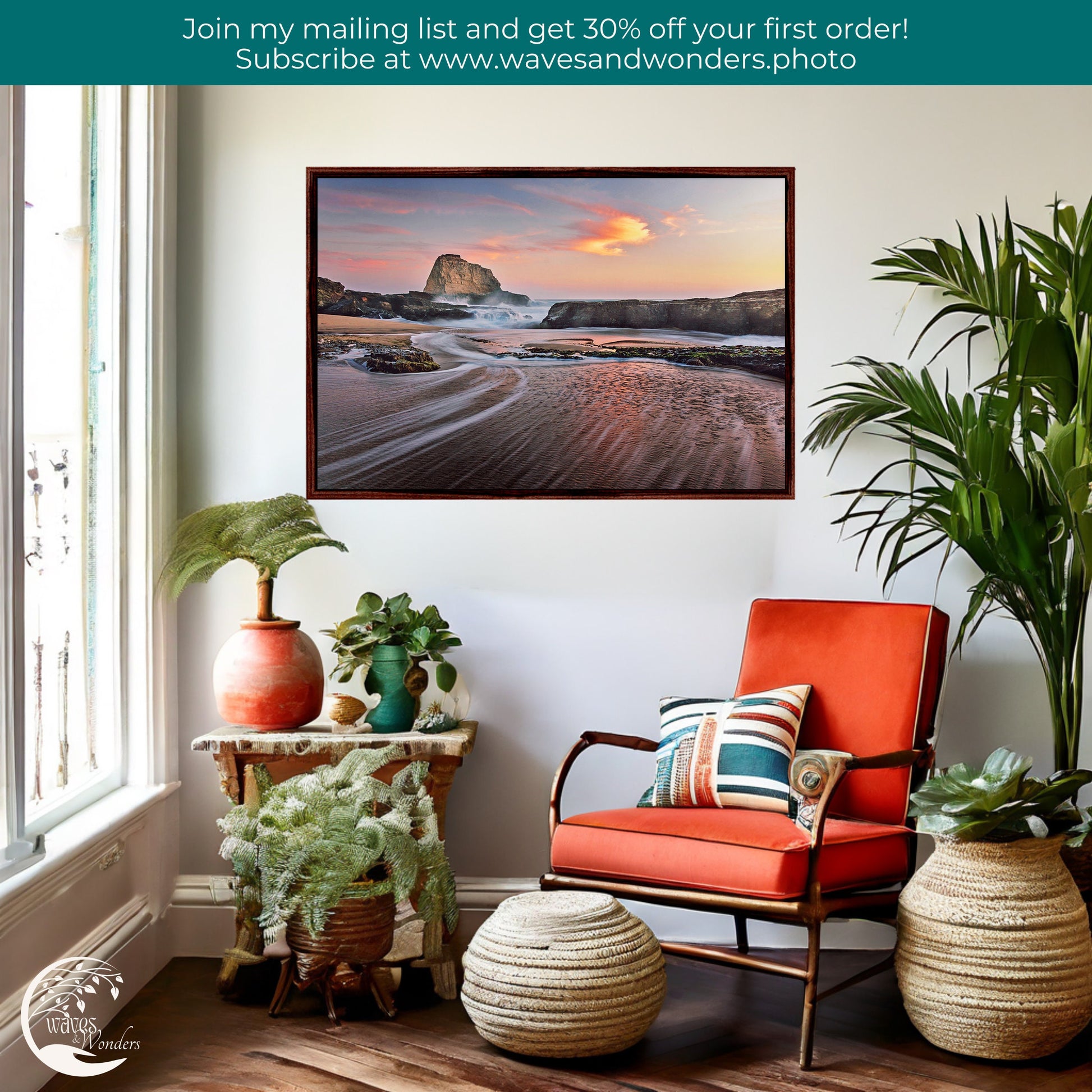 a room with a chair, potted plants and a painting on the wall