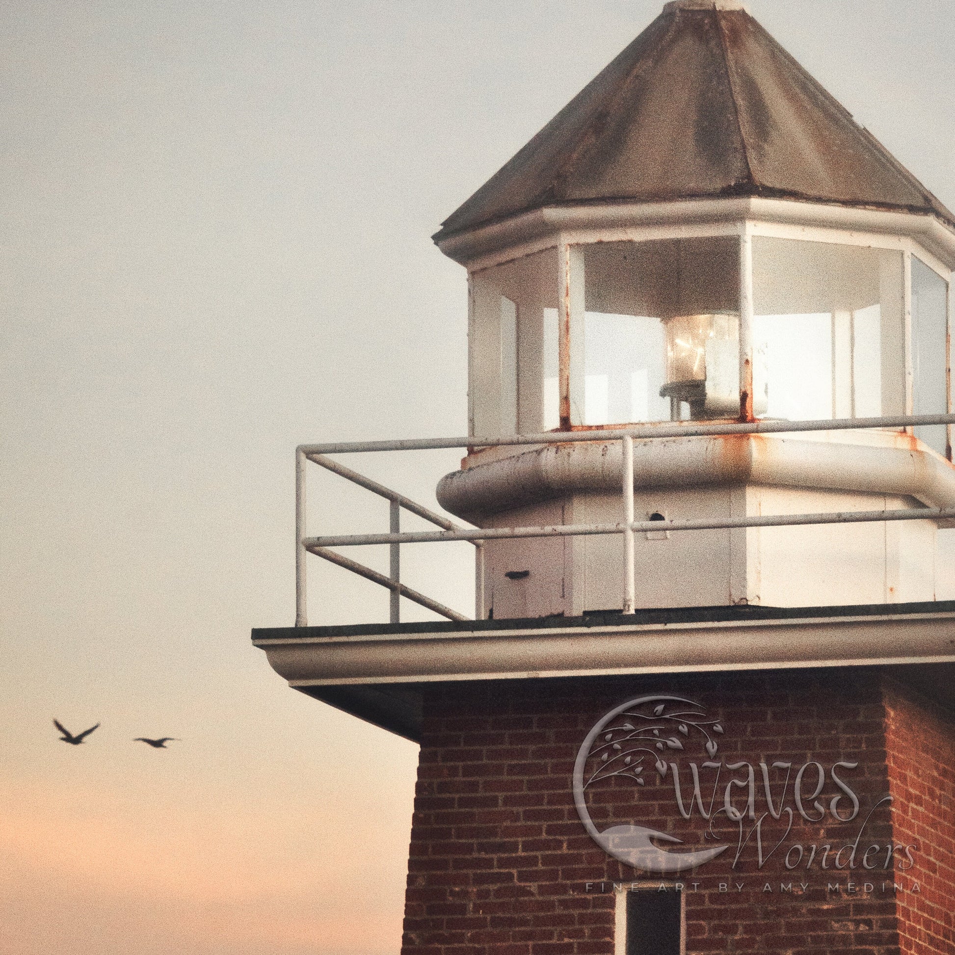 a lighthouse with a bird flying in the background