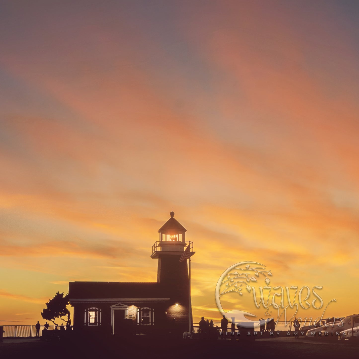 a picture of a lighthouse with a sunset in the background