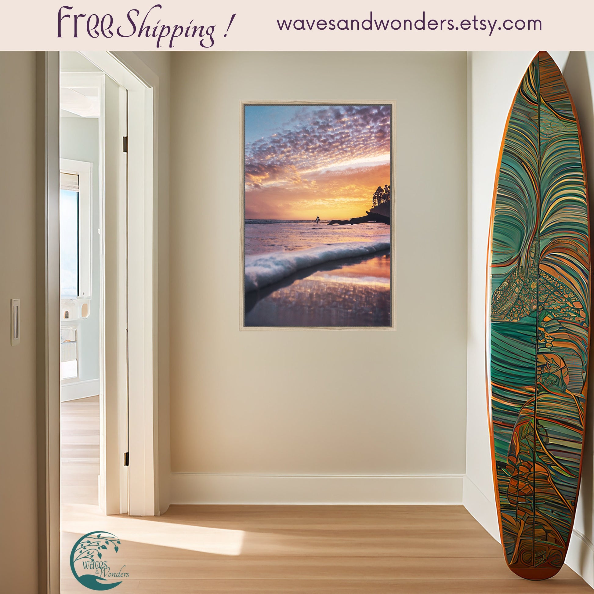 a surfboard leaning against a wall in a room