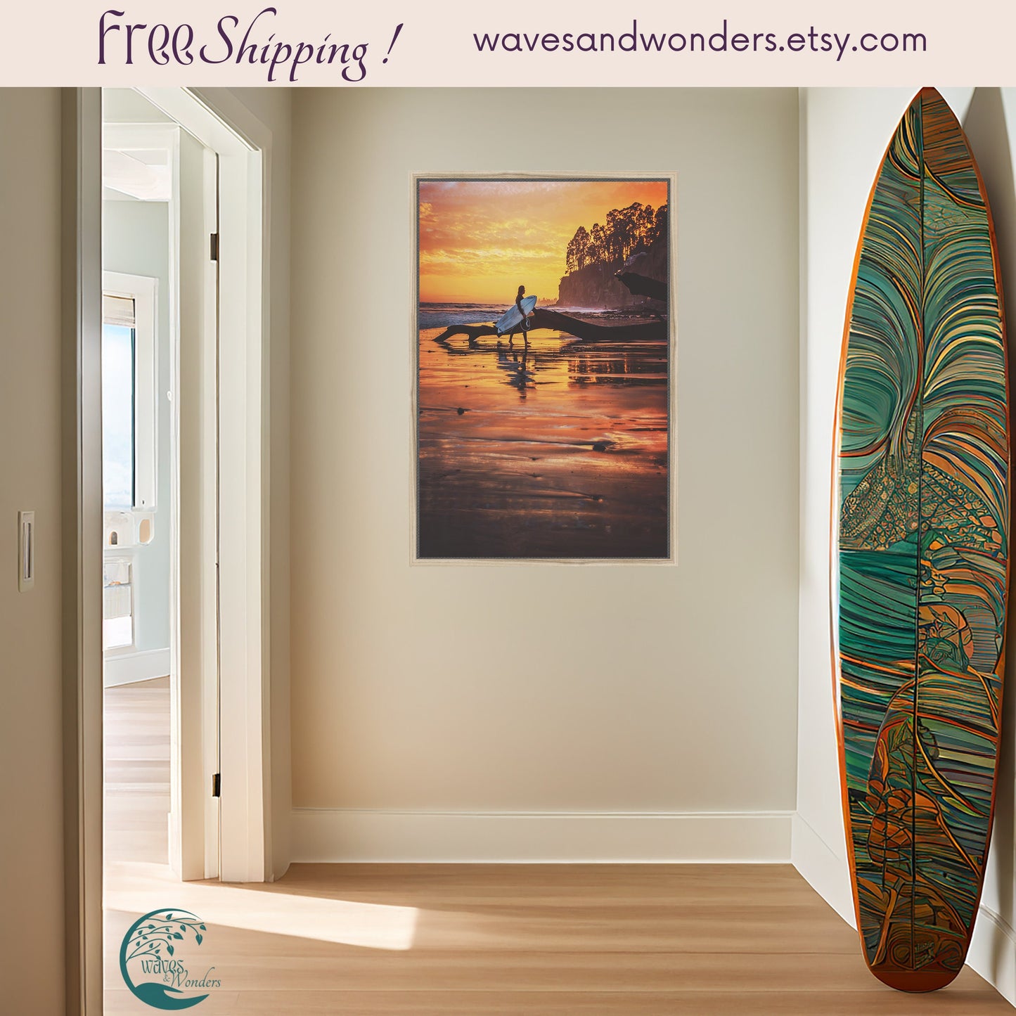 a surfboard leaning against a wall in a room