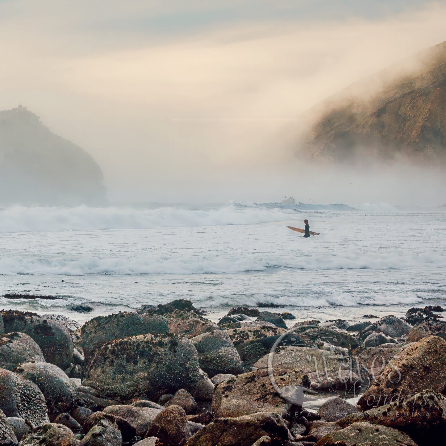 a man riding a surfboard on top of a rocky beach