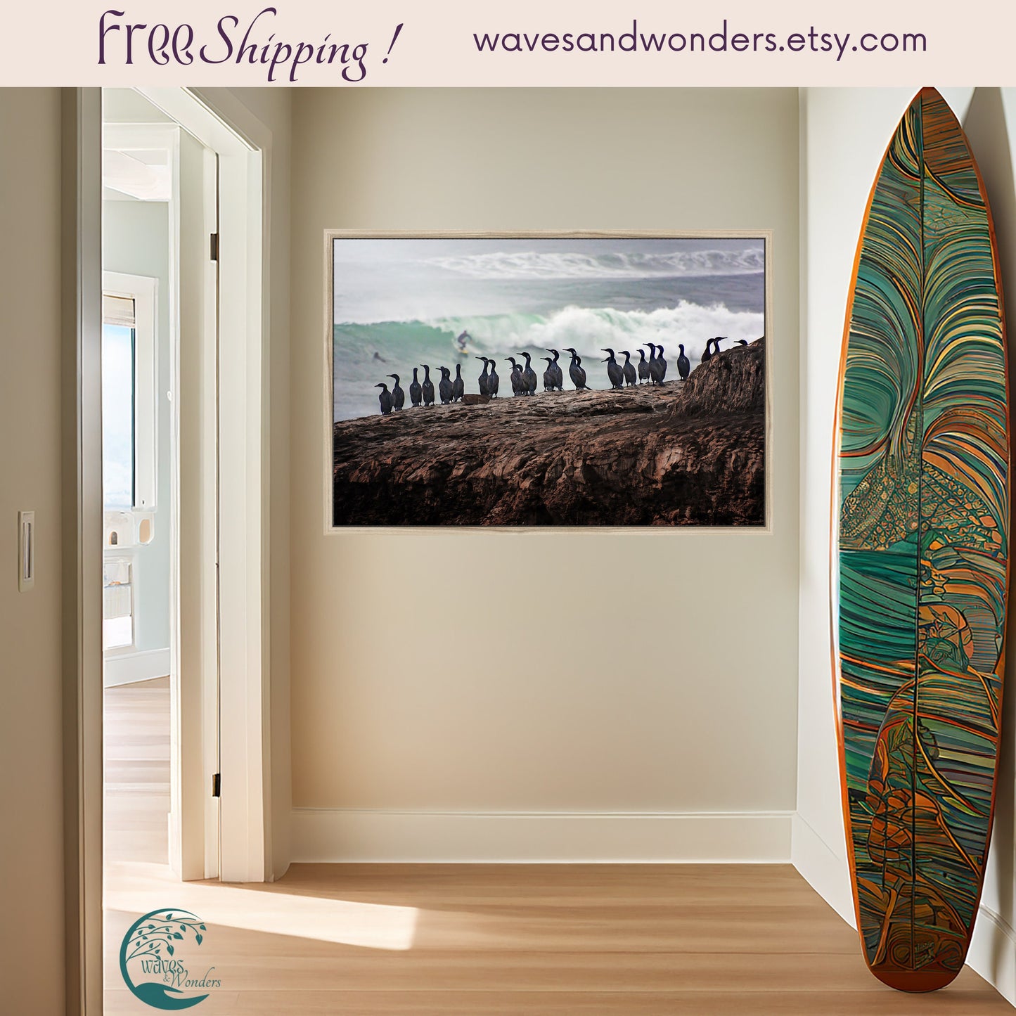 a surfboard leaning against a wall with a picture of penguins on it