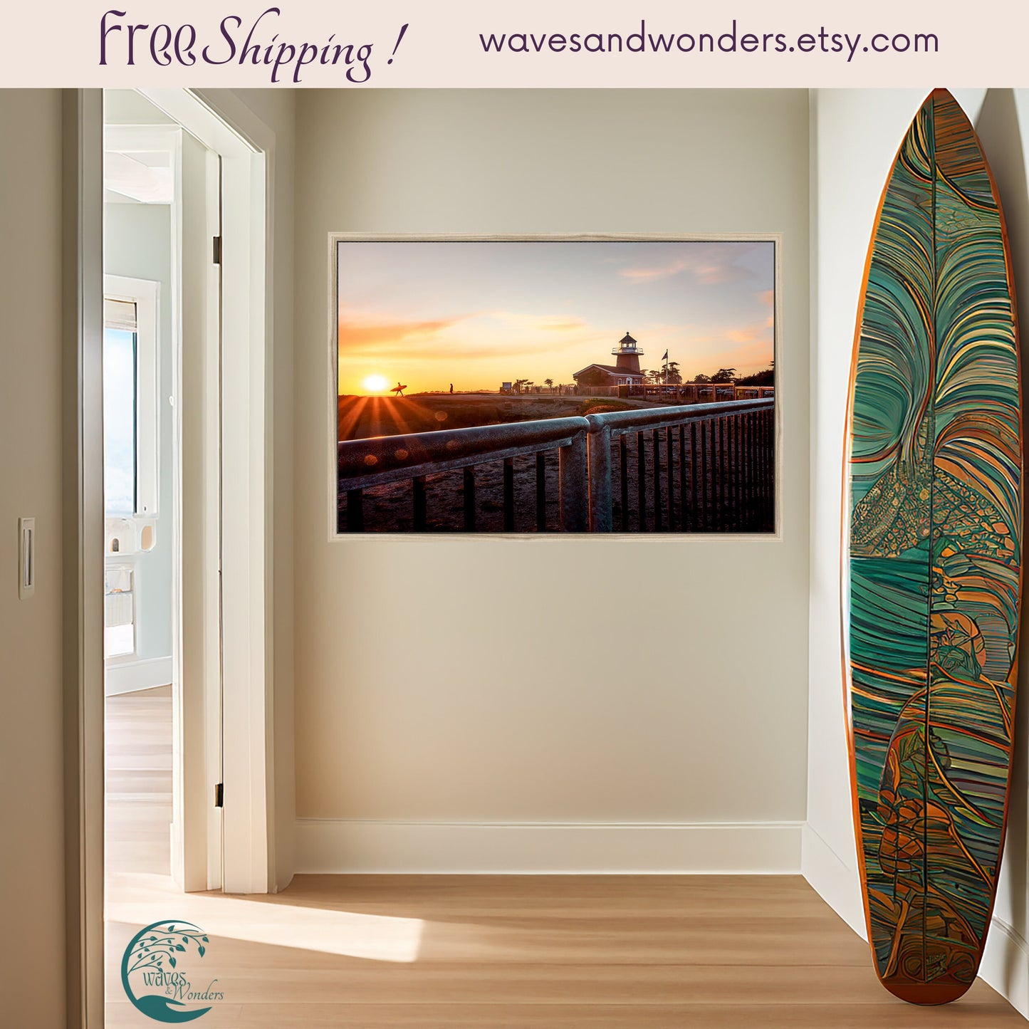 a surfboard leaning against a wall in a room