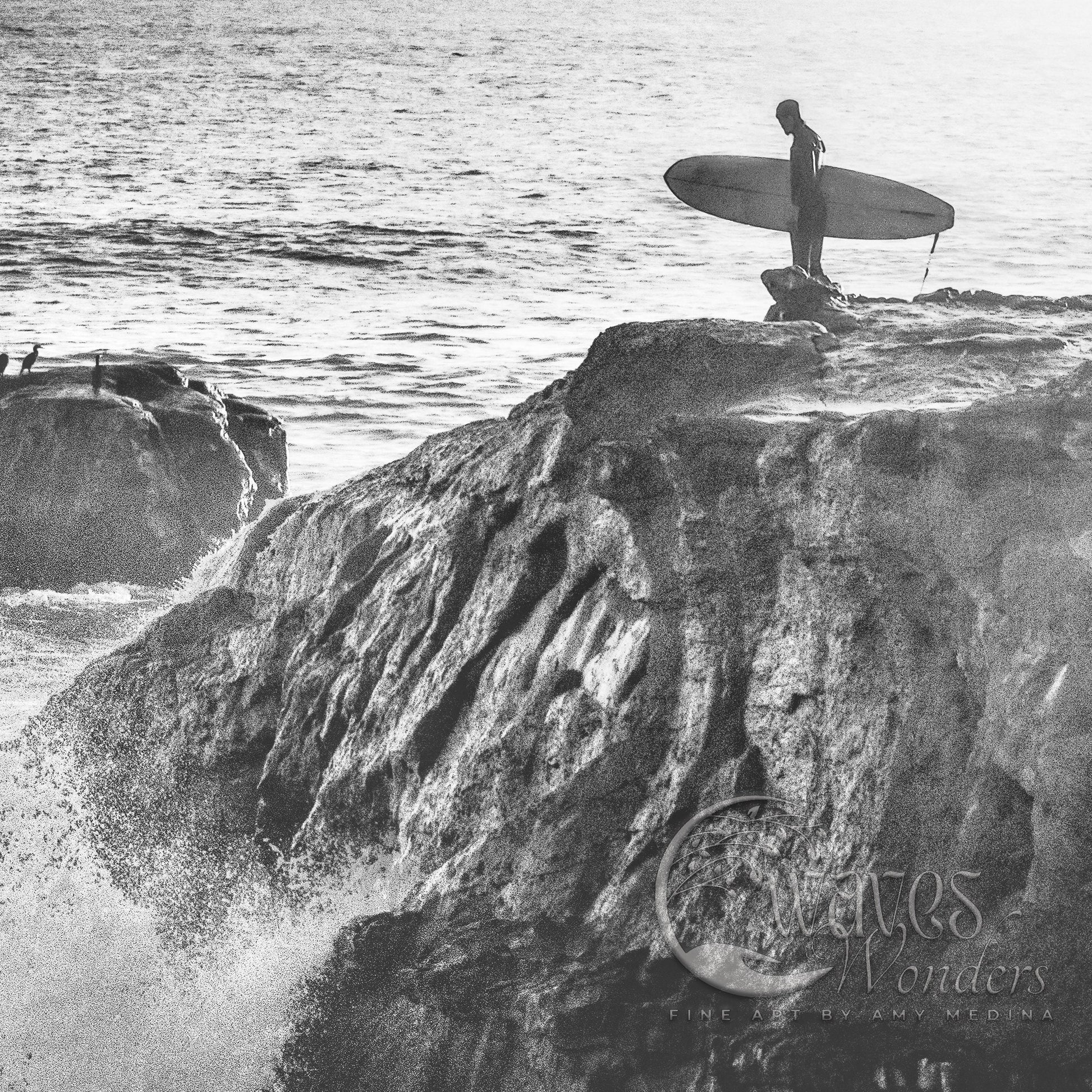 a person standing on a rock with a surfboard