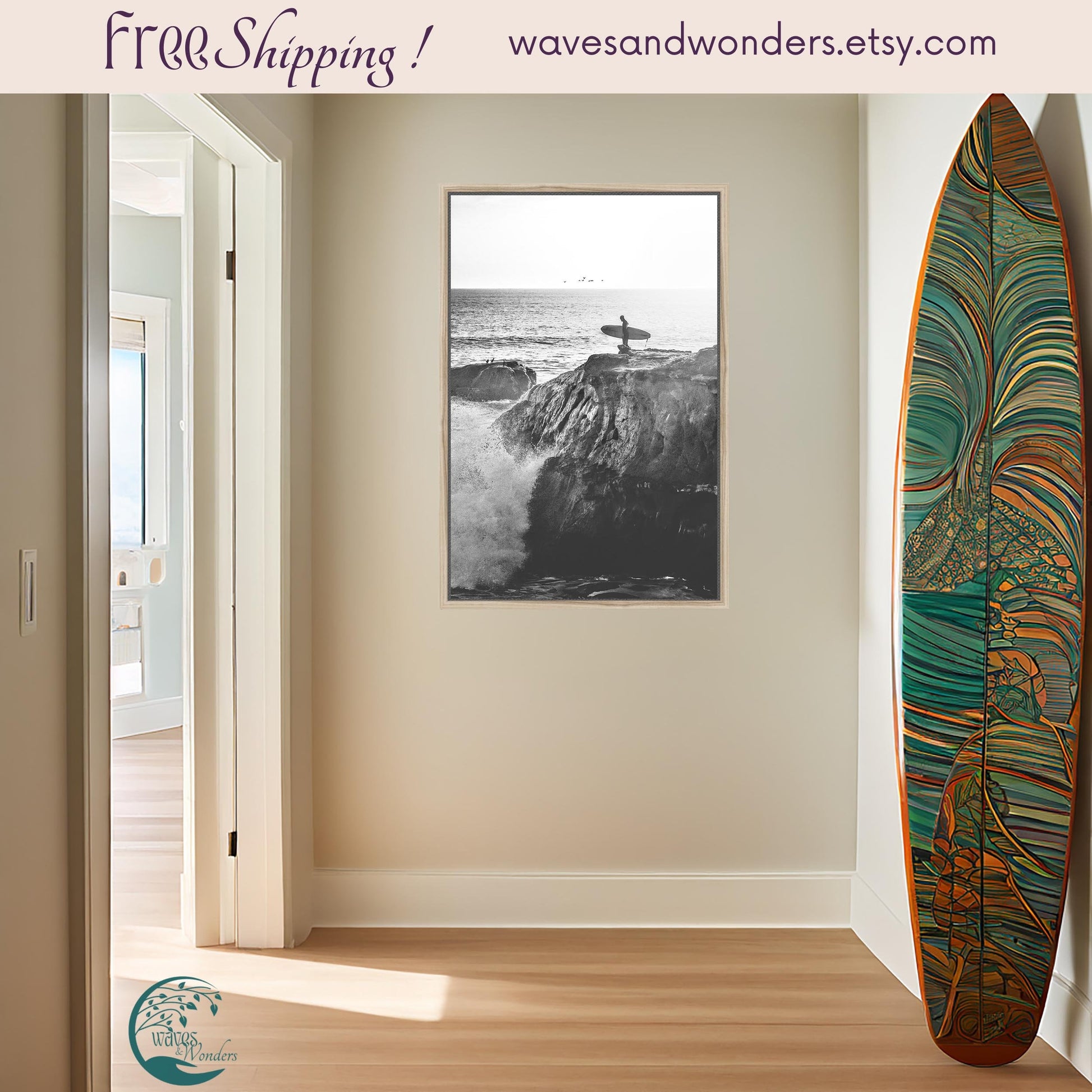 a surfboard leaning against a wall in a room