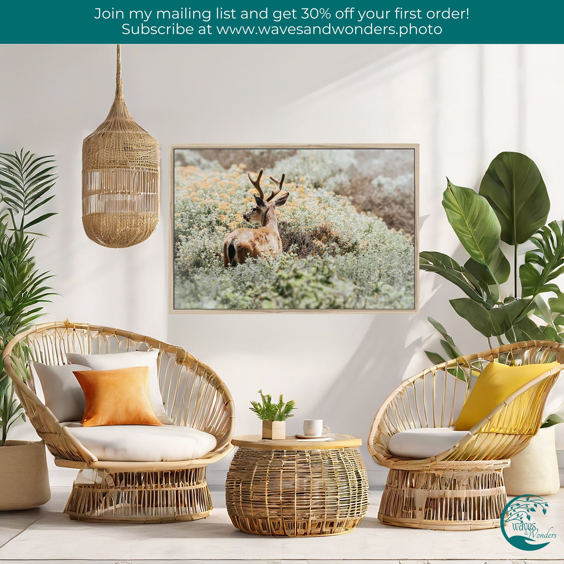 a living room with wicker furniture and plants