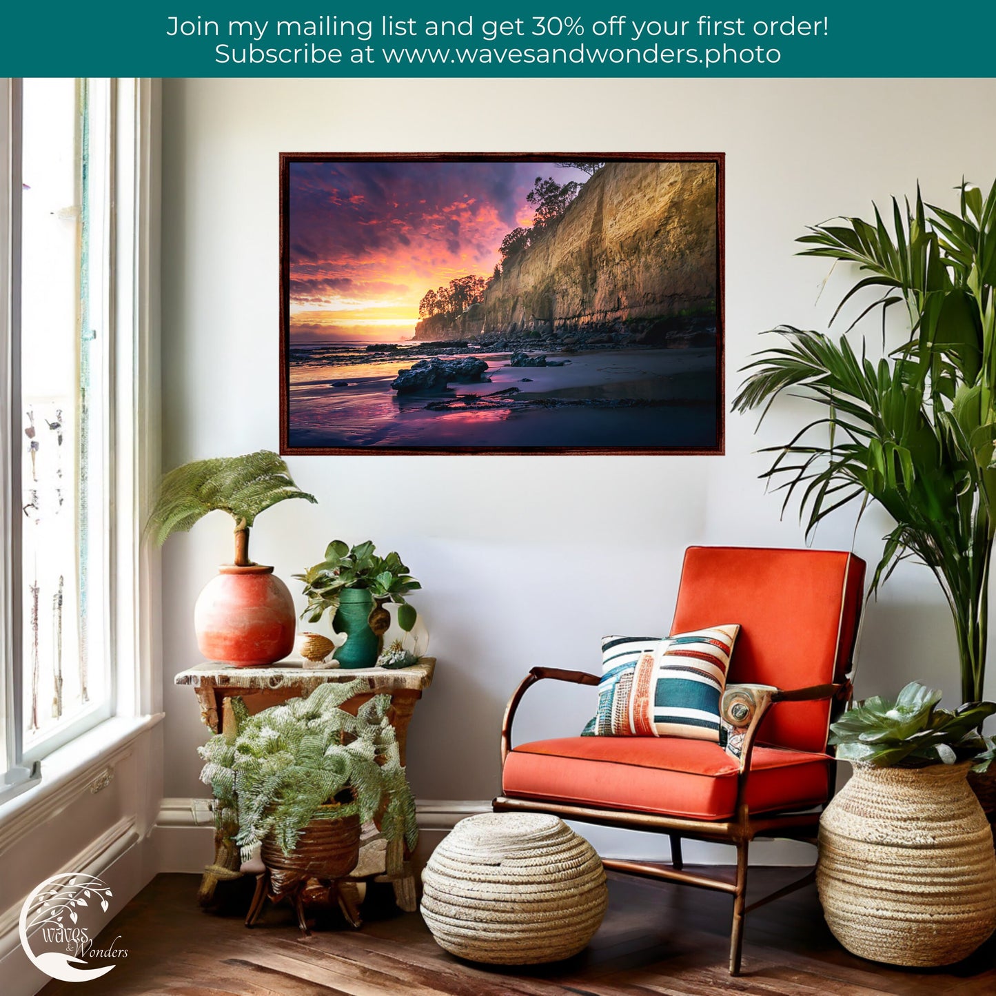 a living room with a chair and potted plants