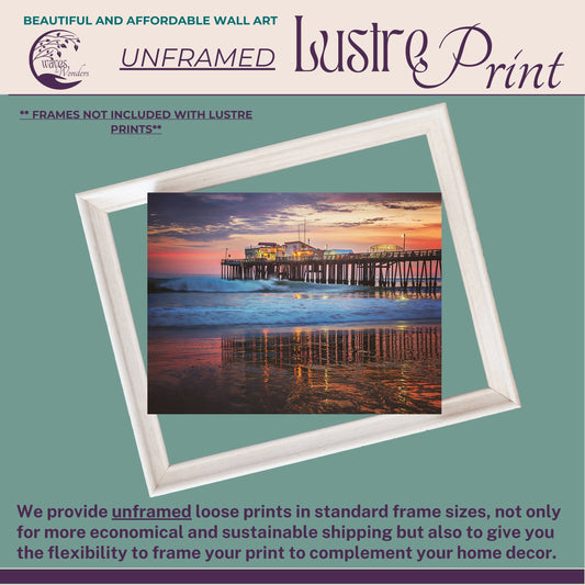 a poster with a picture of a pier at sunset