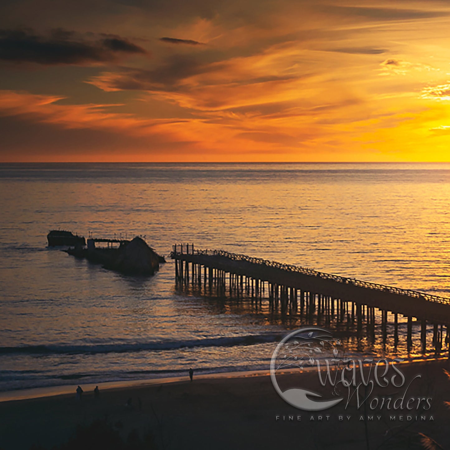 the sun is setting over the ocean with a pier in the foreground