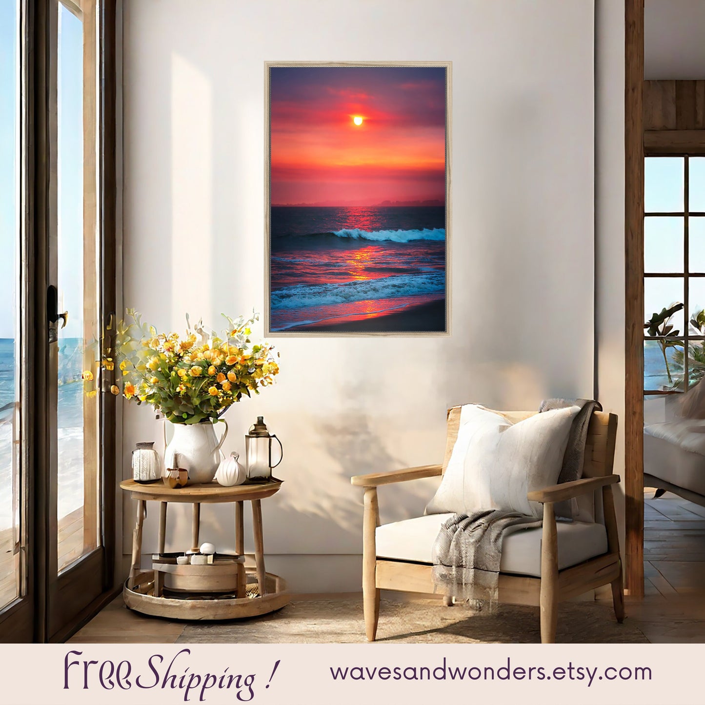 a painting of a sunset over the ocean