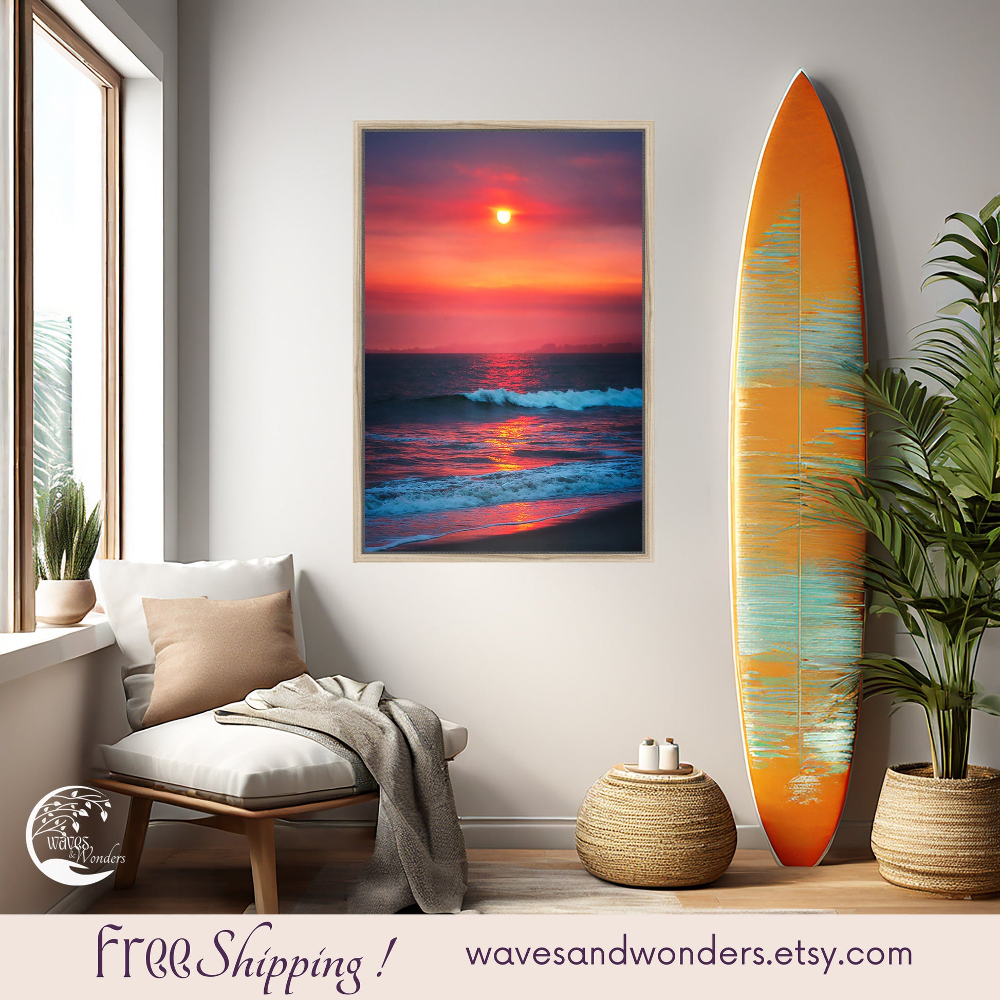 a painting of a sunset over the ocean next to a surfboard