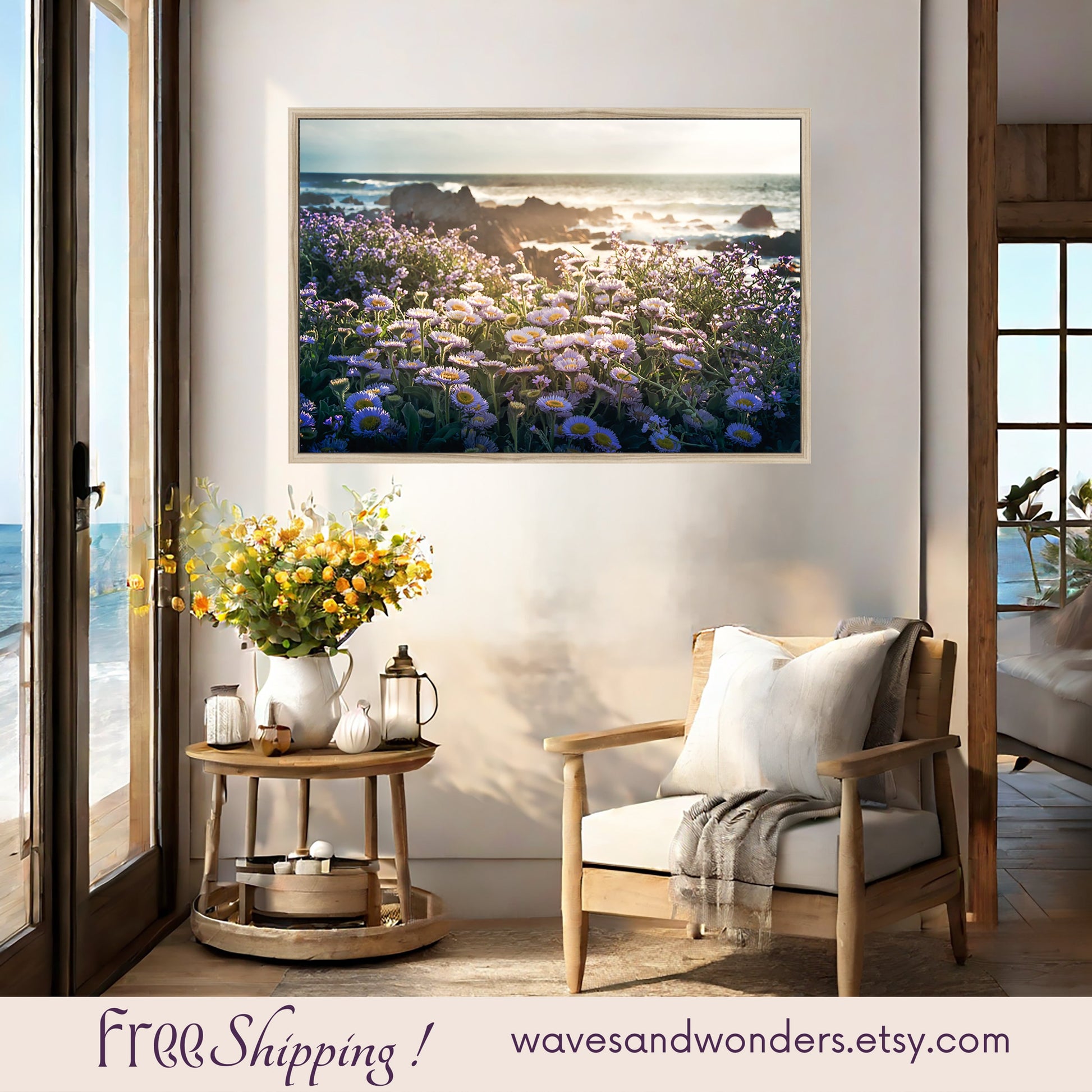 a living room with a chair and a vase of flowers