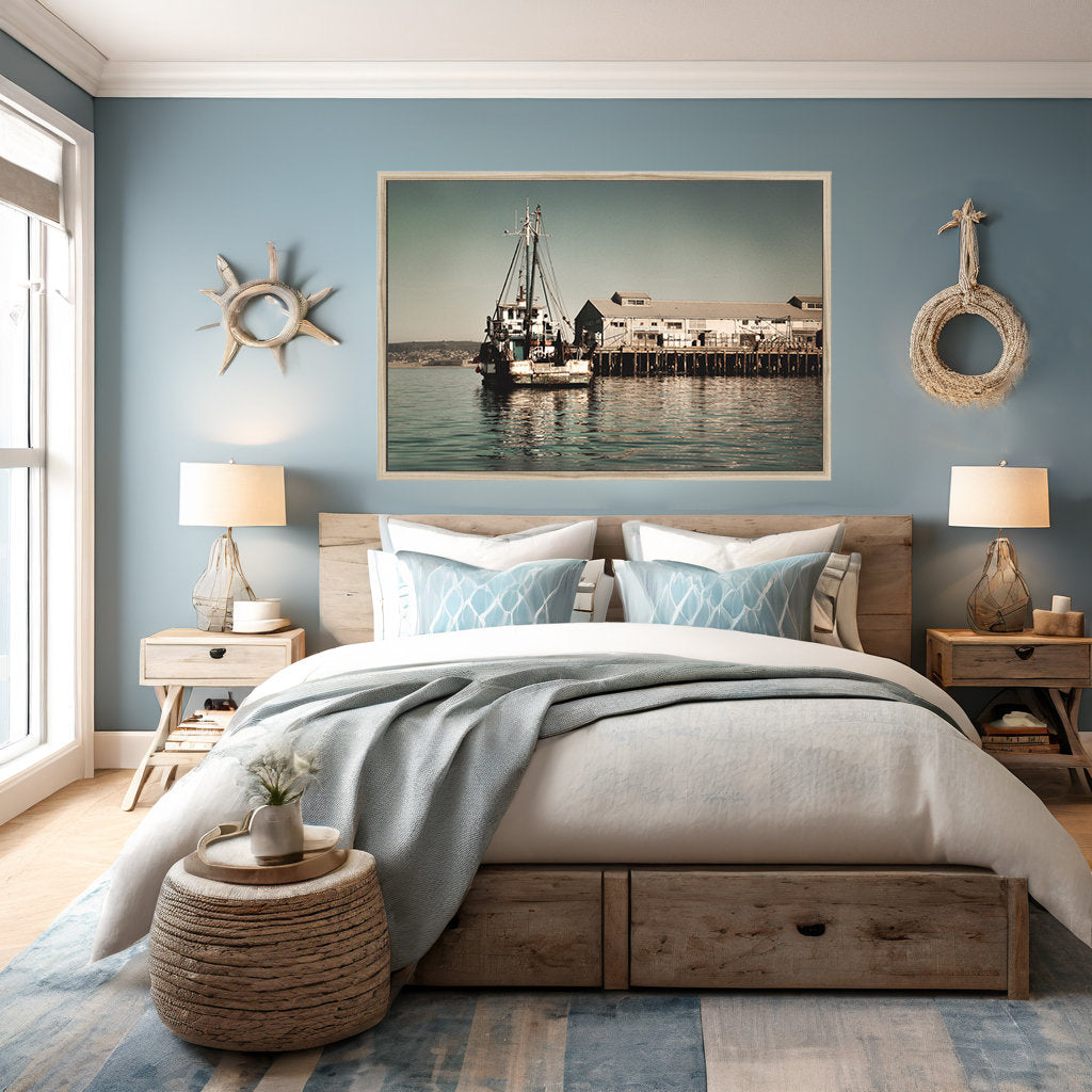 a bedroom with blue walls and a large picture on the wall