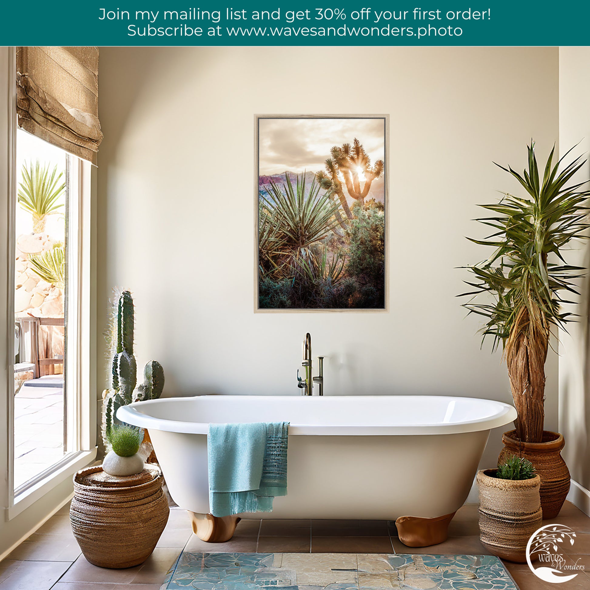 a bathroom with a tub and a cactus in it