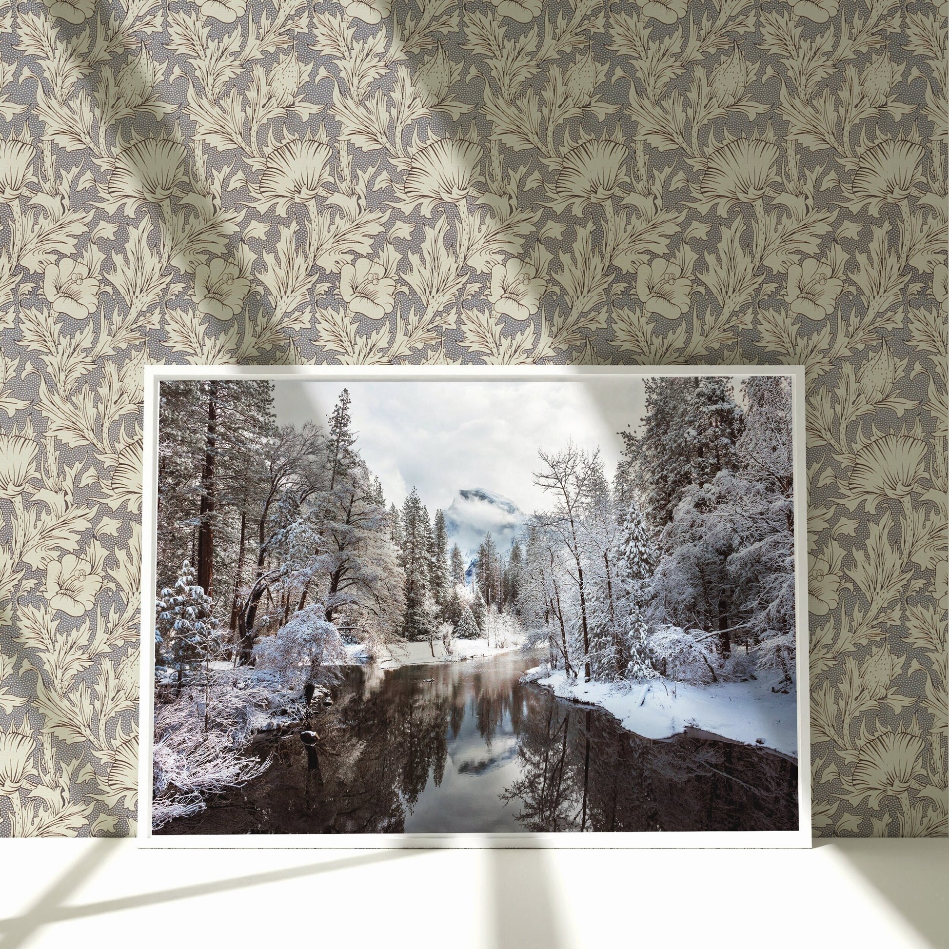 a picture of a winter scene with trees and water