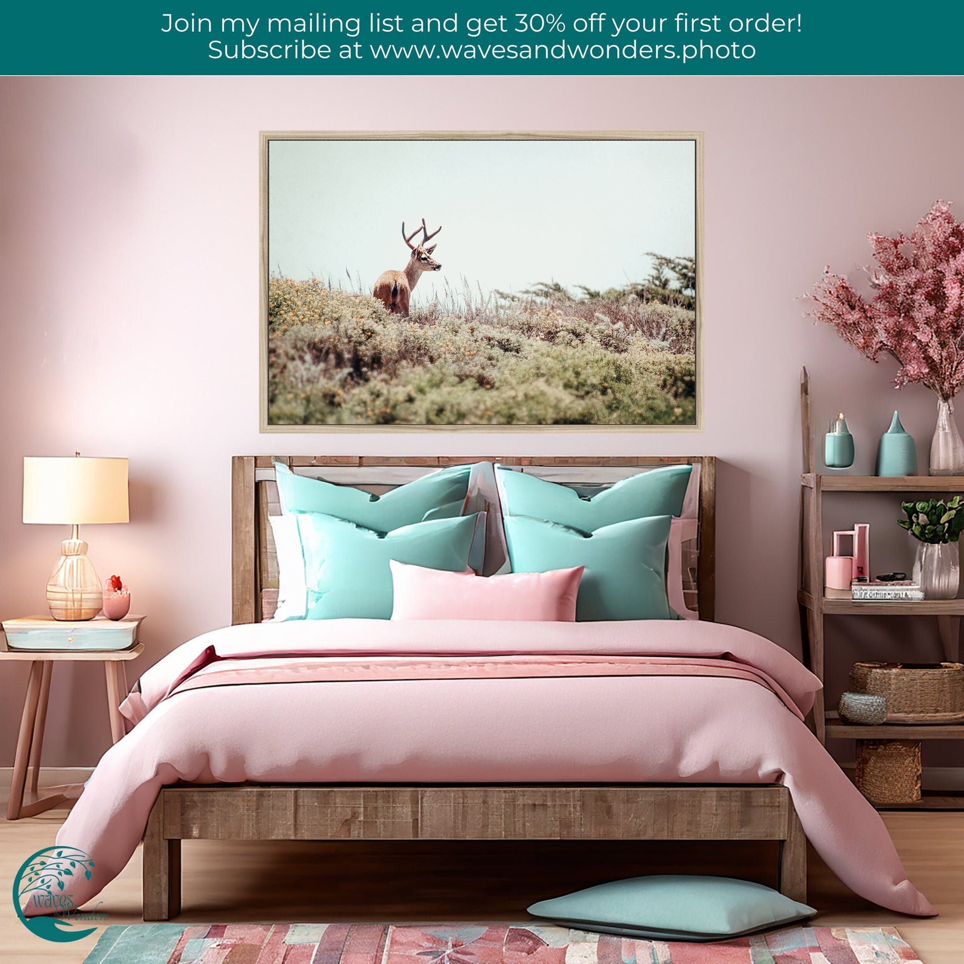 a bedroom with pink walls and a bed with a pink comforter