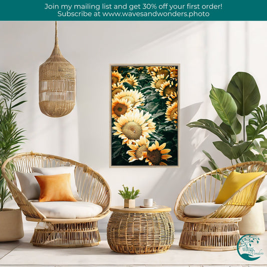 a living room with wicker furniture and a painting of sunflowers