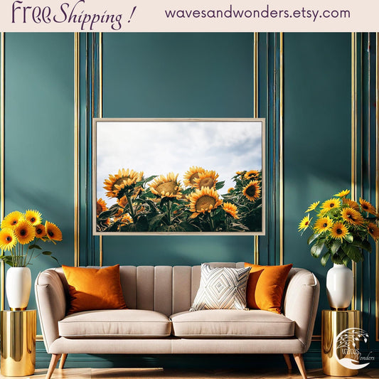 a living room with sunflowers on the wall