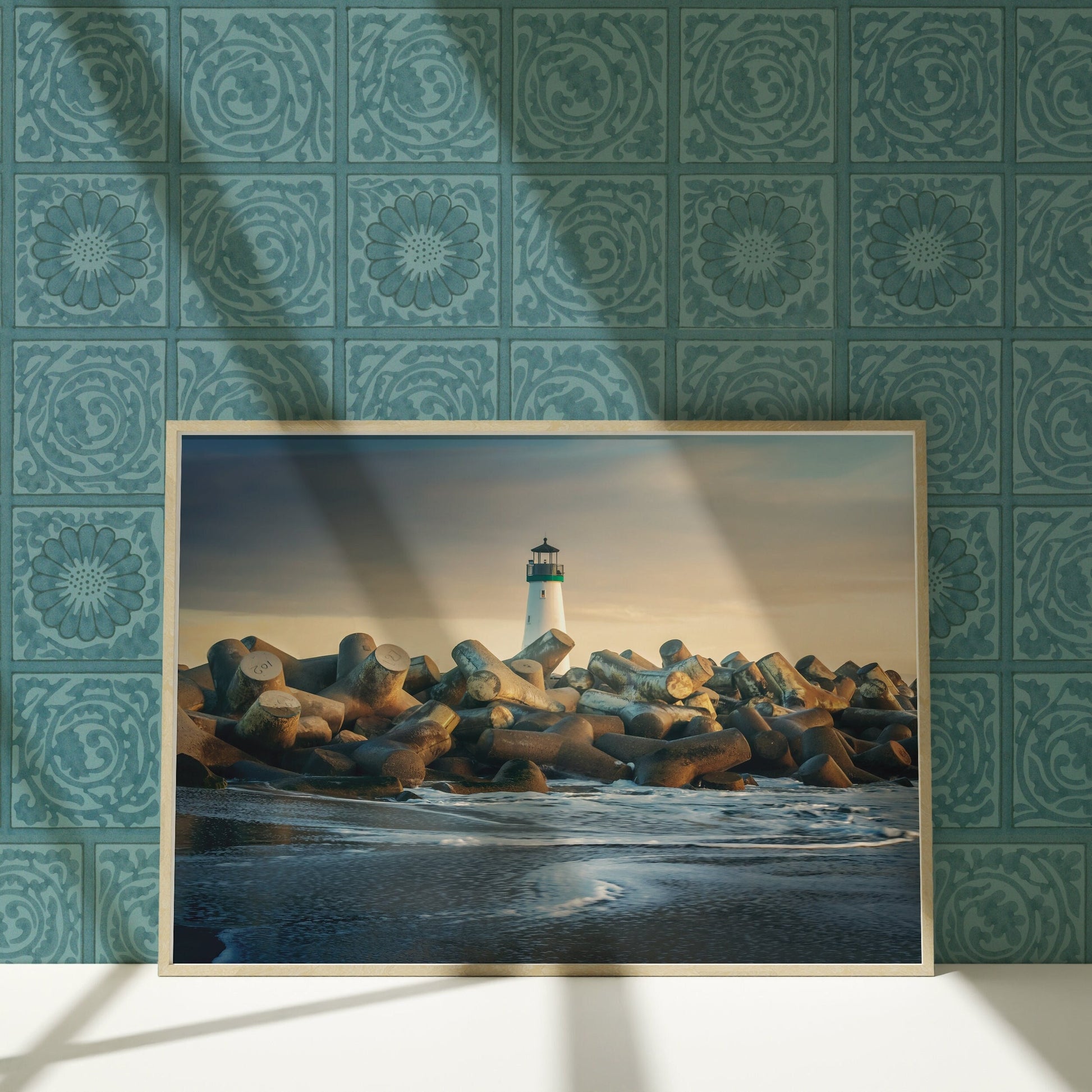 a picture of a picture of a lighthouse on a wall