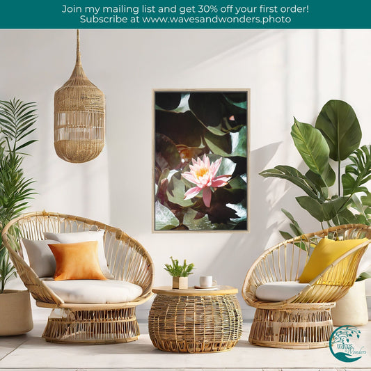 a living room with wicker furniture and plants