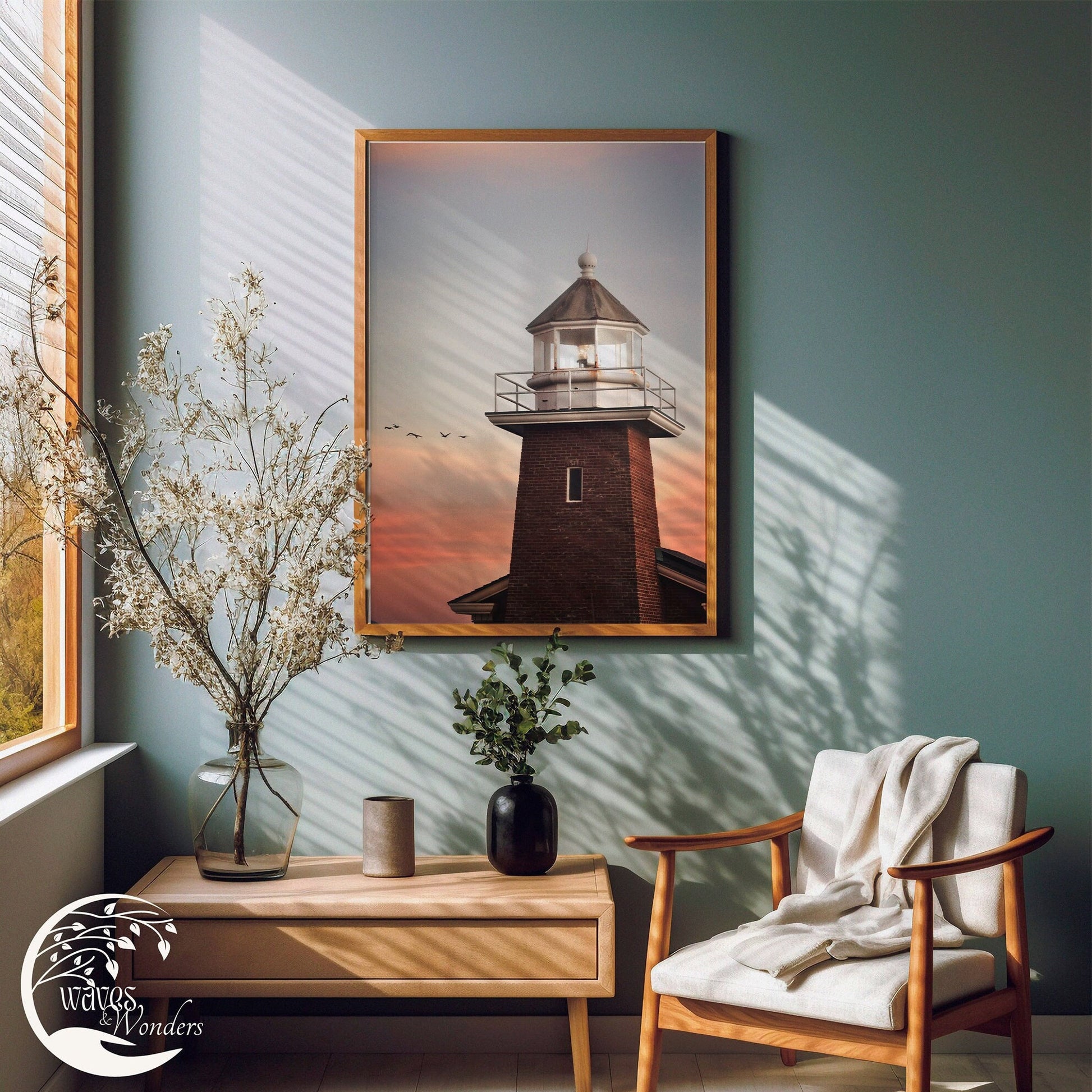 a painting of a lighthouse hangs on a wall