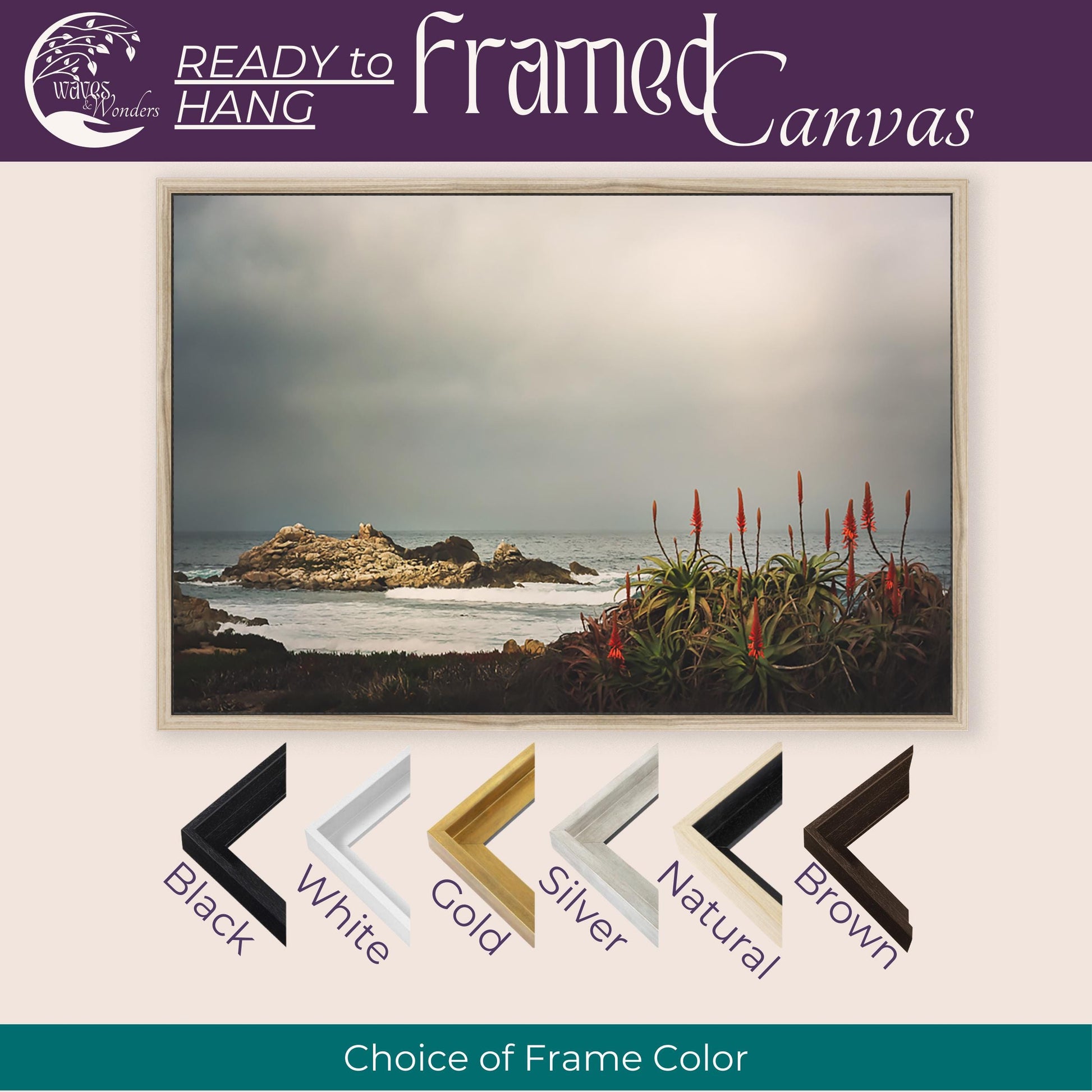 a picture of a picture of a beach with the words, choice of frame color