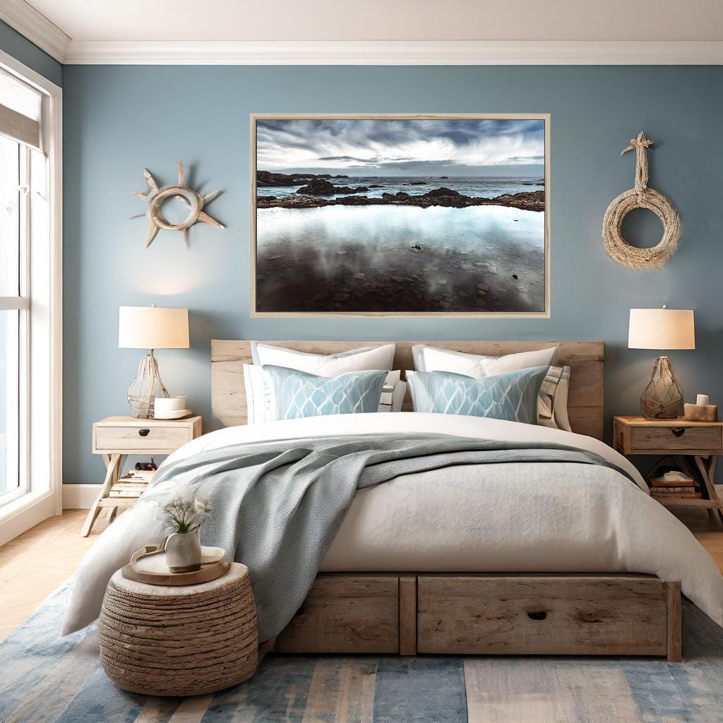 a bedroom with blue walls and a large painting on the wall