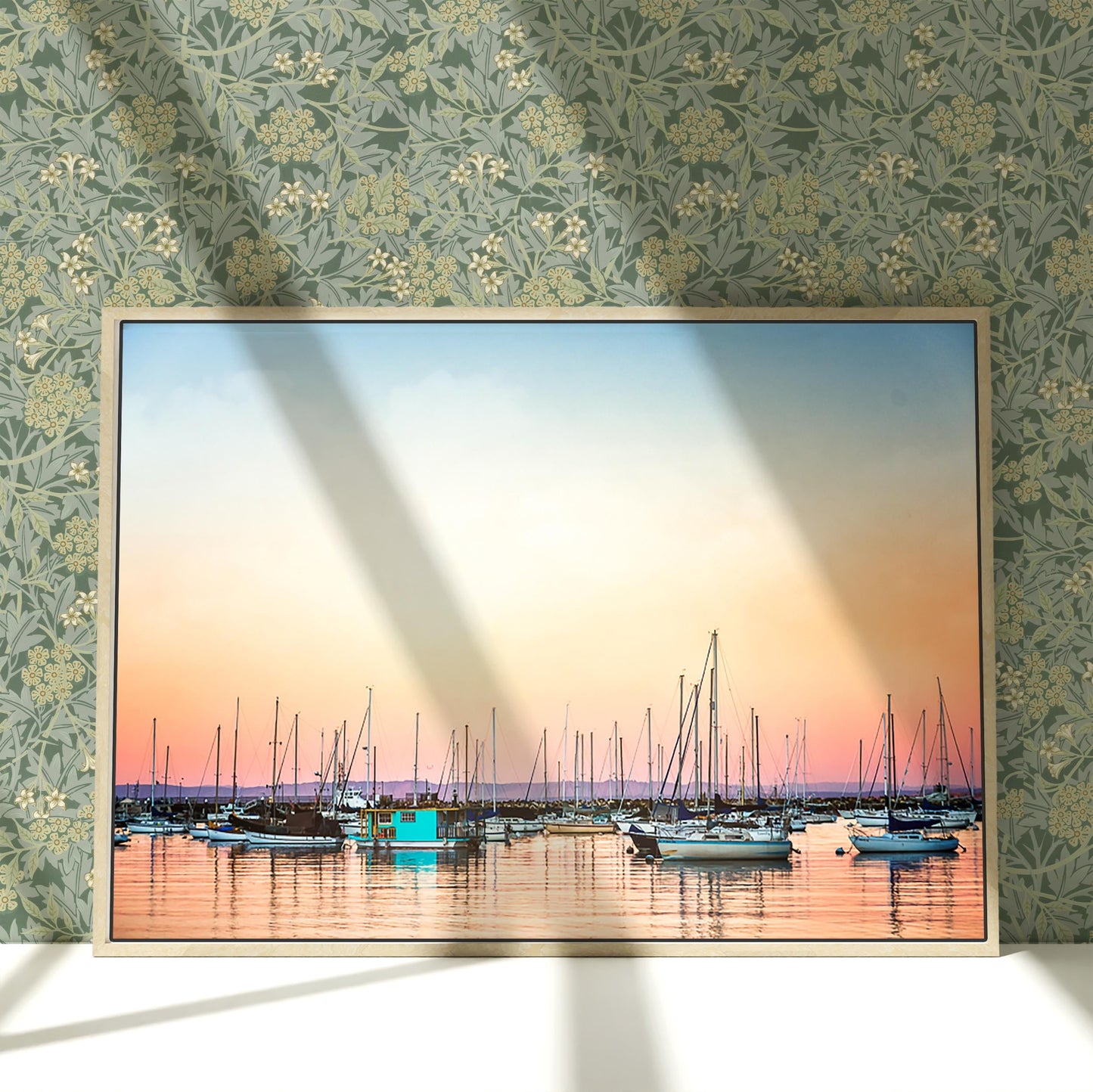 a painting of boats in a harbor at sunset