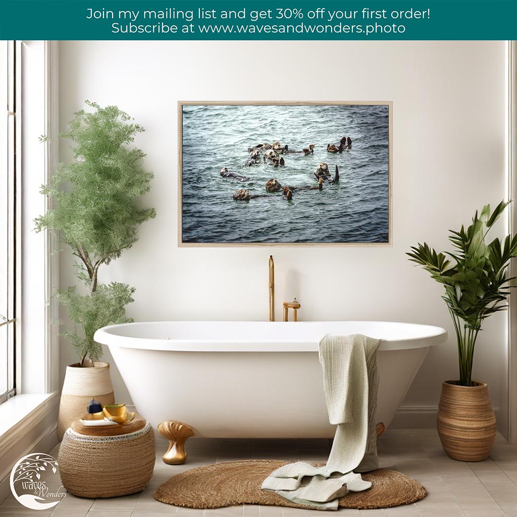 a bathroom with a tub and a painting of ducks in the water