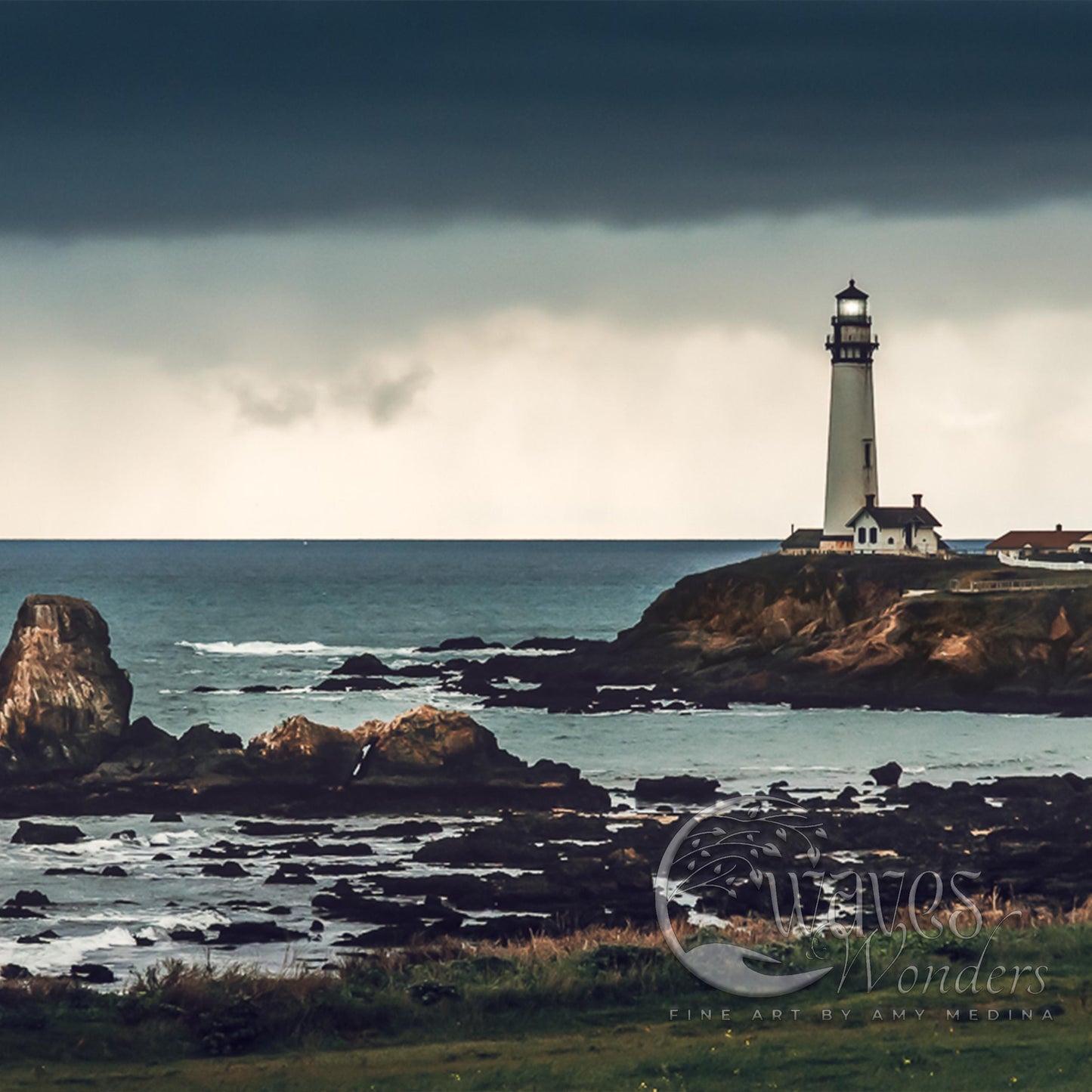 a light house sitting on top of a lush green field