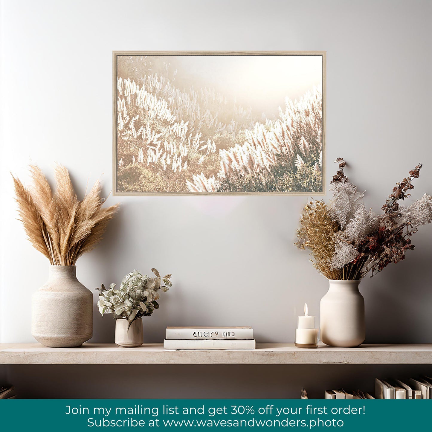 a shelf with vases and flowers on it