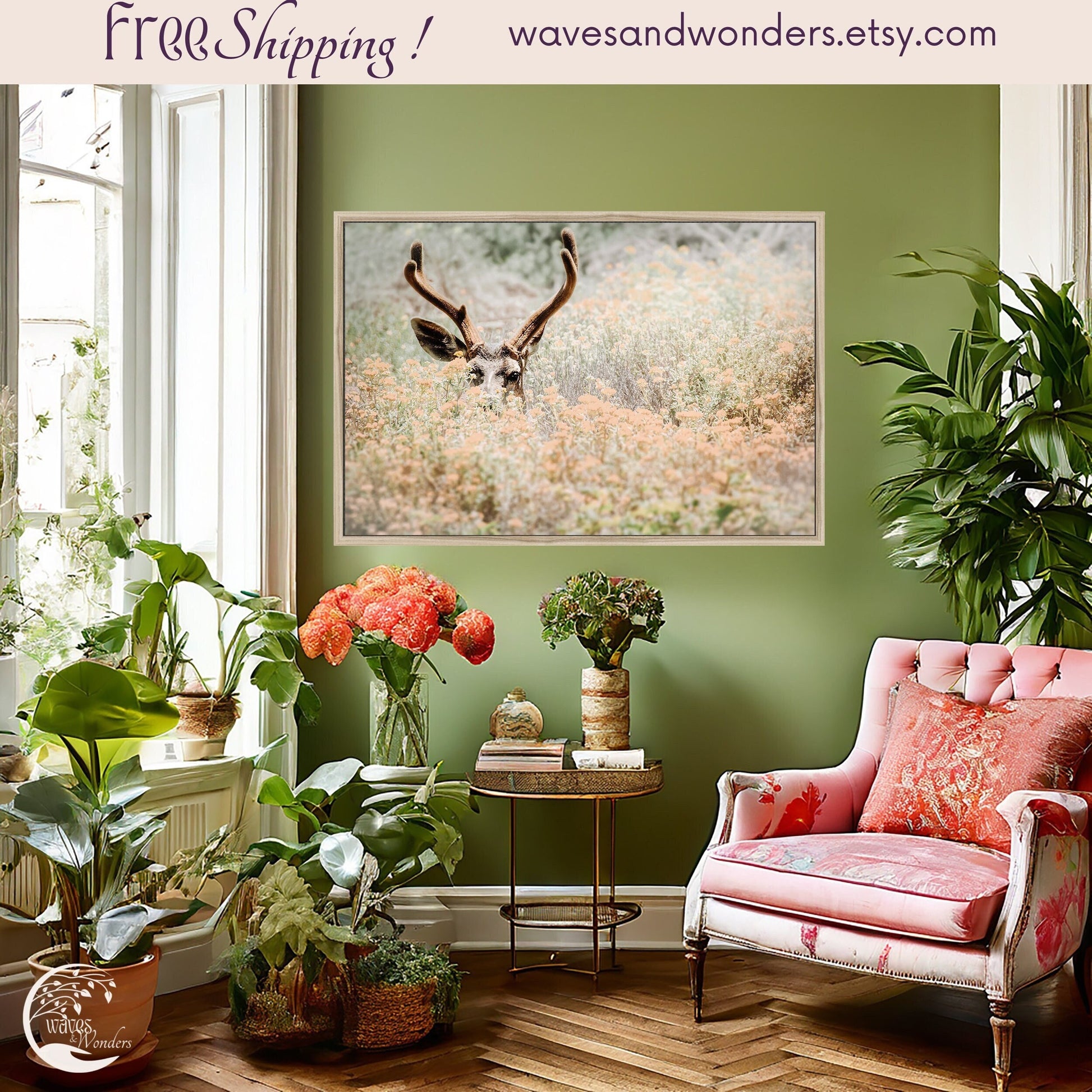 a living room with green walls and a pink chair