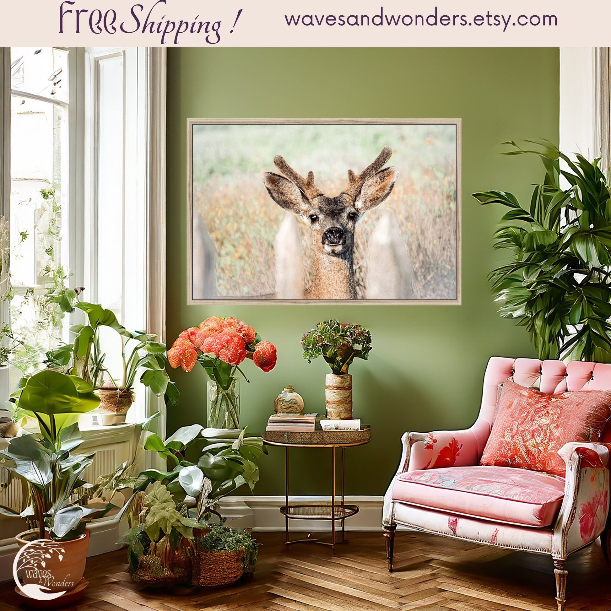 a living room with green walls and a painting of a deer