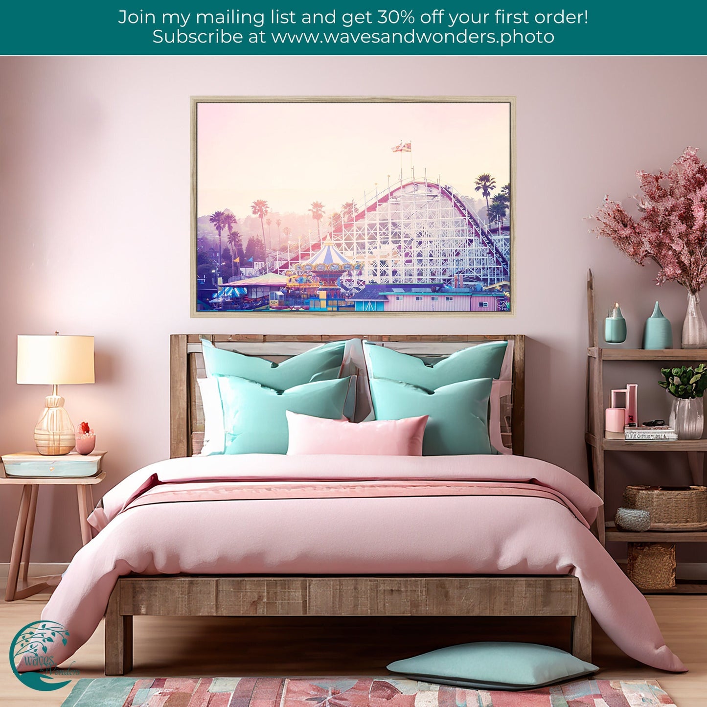 a bedroom with pink walls and a pink bed