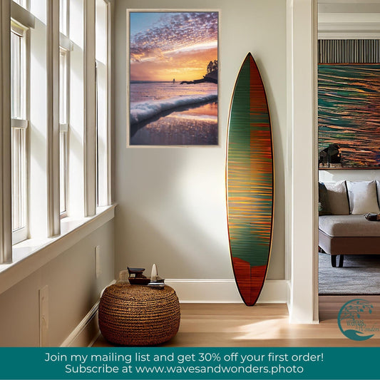 a living room with a surfboard hanging on the wall