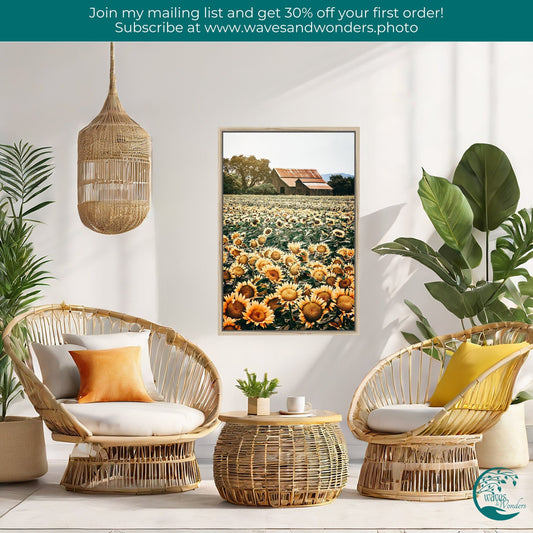 a living room with wicker furniture and plants