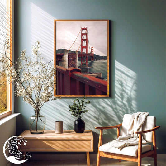 a picture of the golden gate bridge hangs on a wall