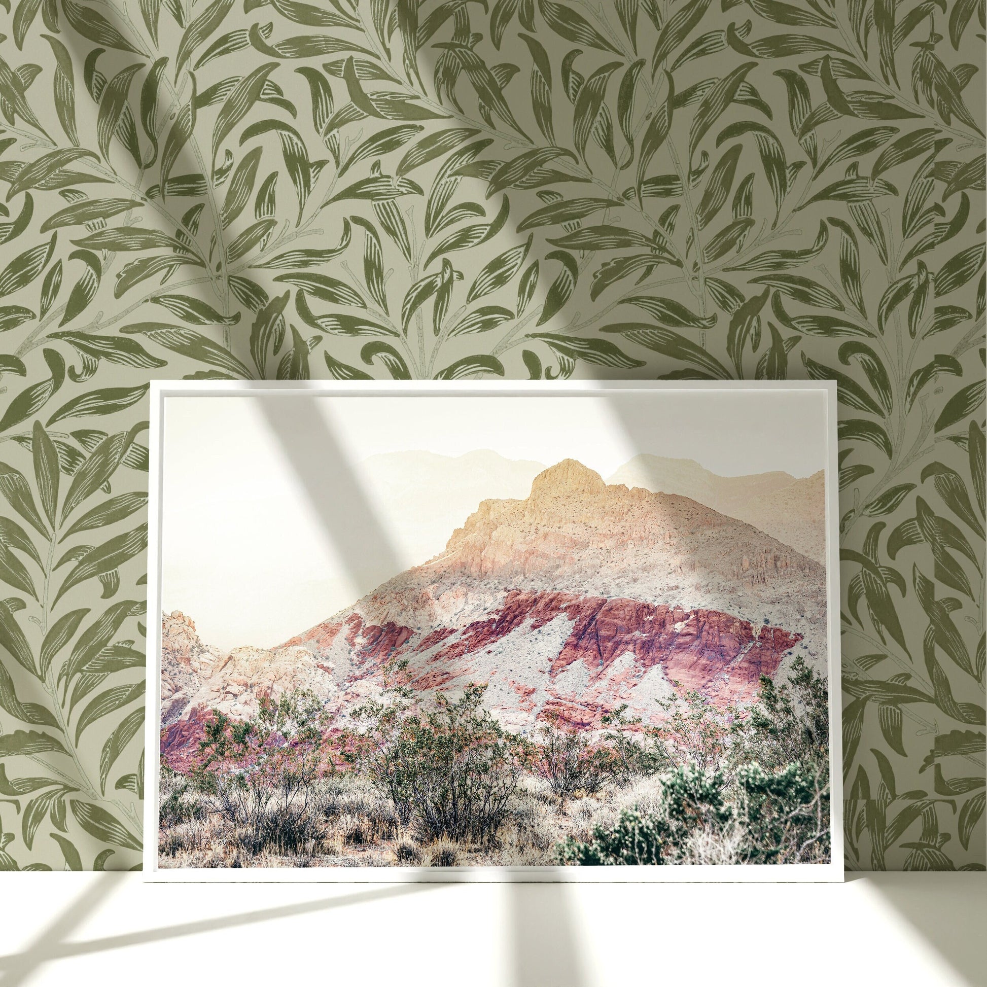 a picture of a mountain in a frame on a wall