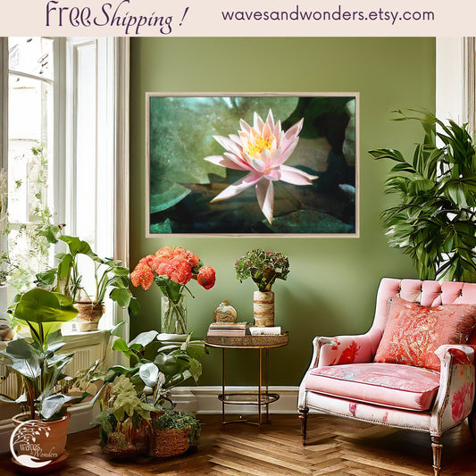 a living room with a pink chair and potted plants