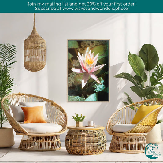 a living room with wicker furniture and plants