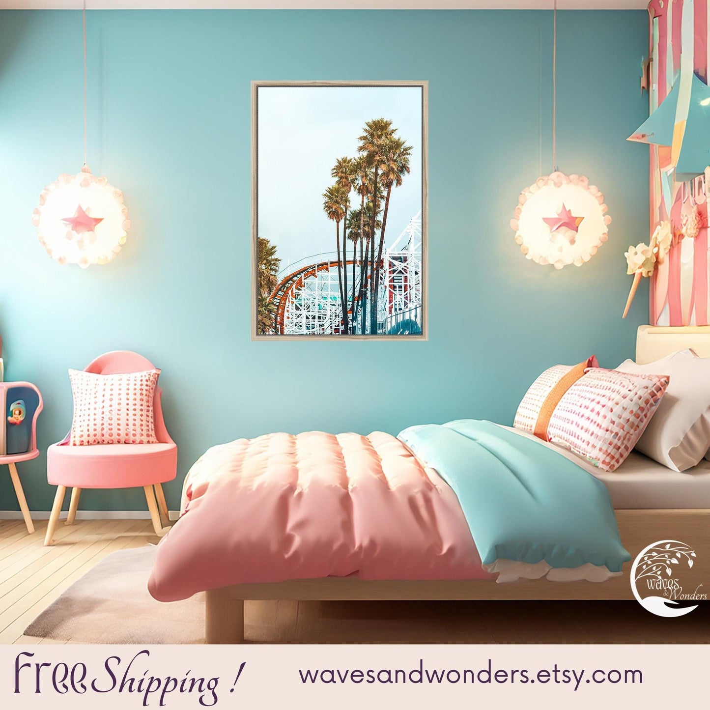 a pink and blue bedroom with palm trees